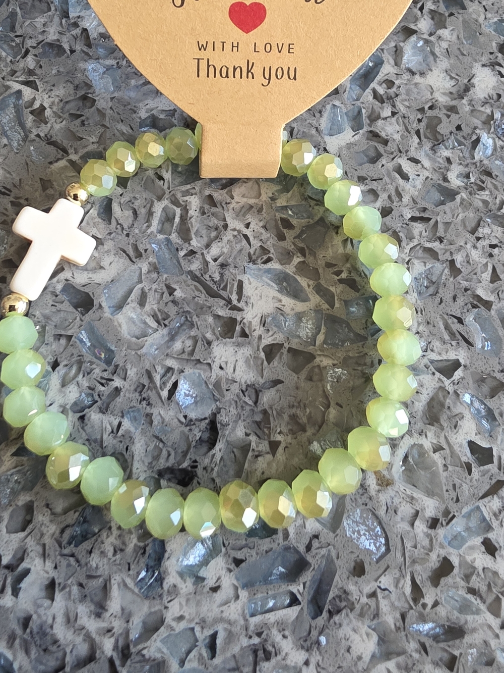 Women's Lime Green Bead Bracelet with Cross